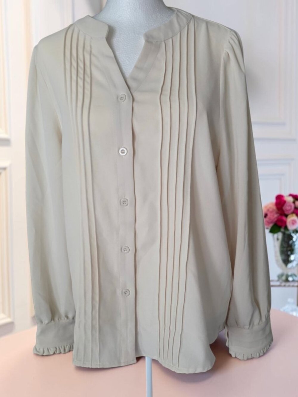 NWT GRACE KARIN ( SM ) Creme Button-front Pintuck Long Sleeve Career Blouse